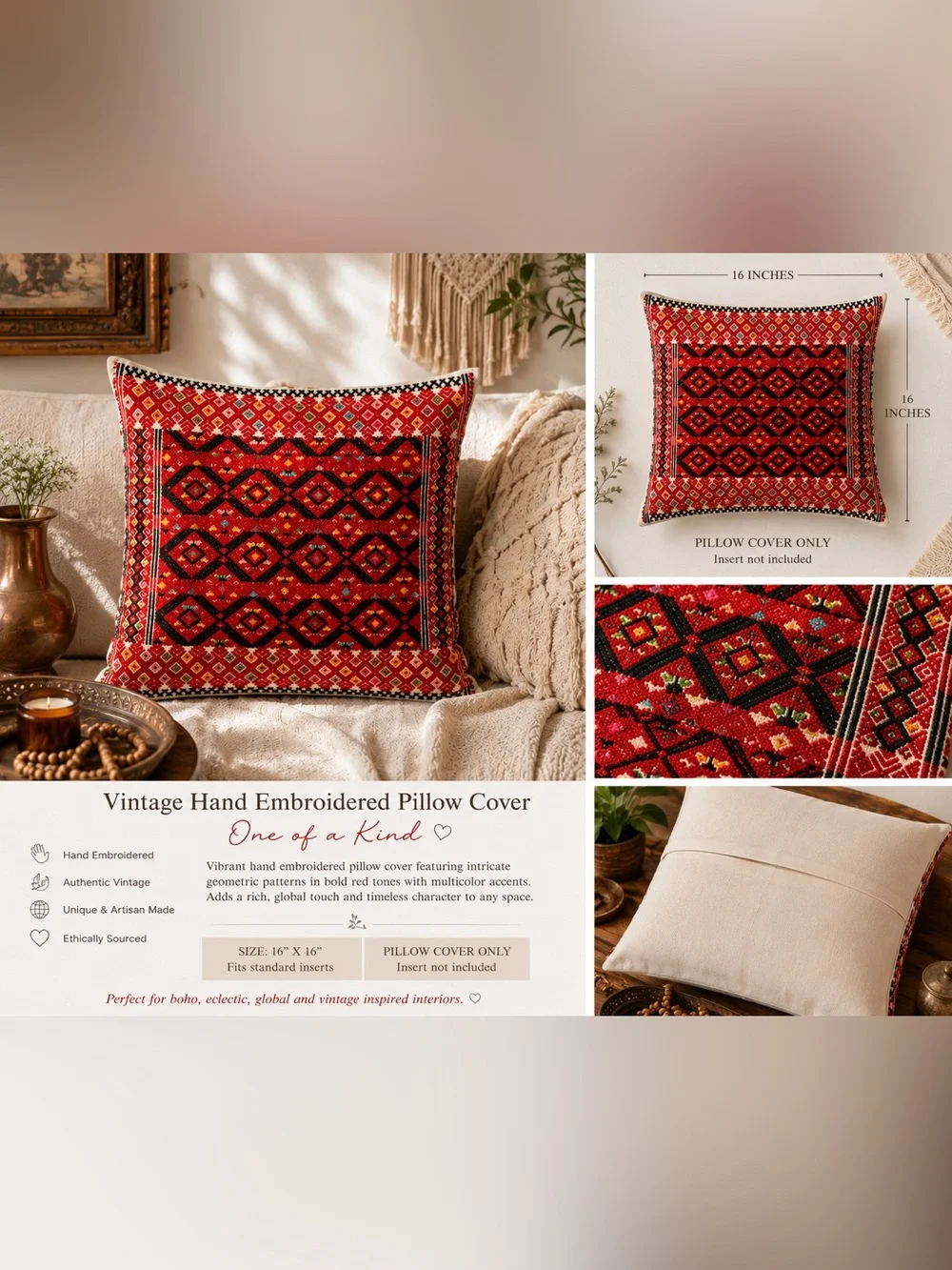 Vintage Hand Embroidered 16x16 Pillow Cover | Boho Folk Art Geometric Accent